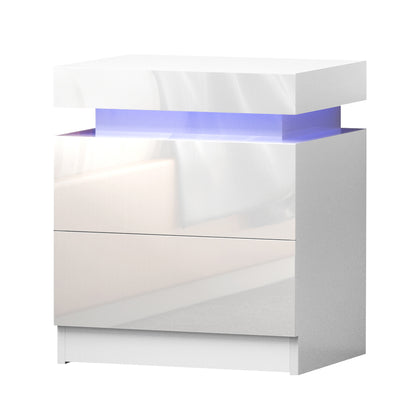 Artiss Bedside Tables Side Table Drawers RGB LED High Gloss Nightstand White