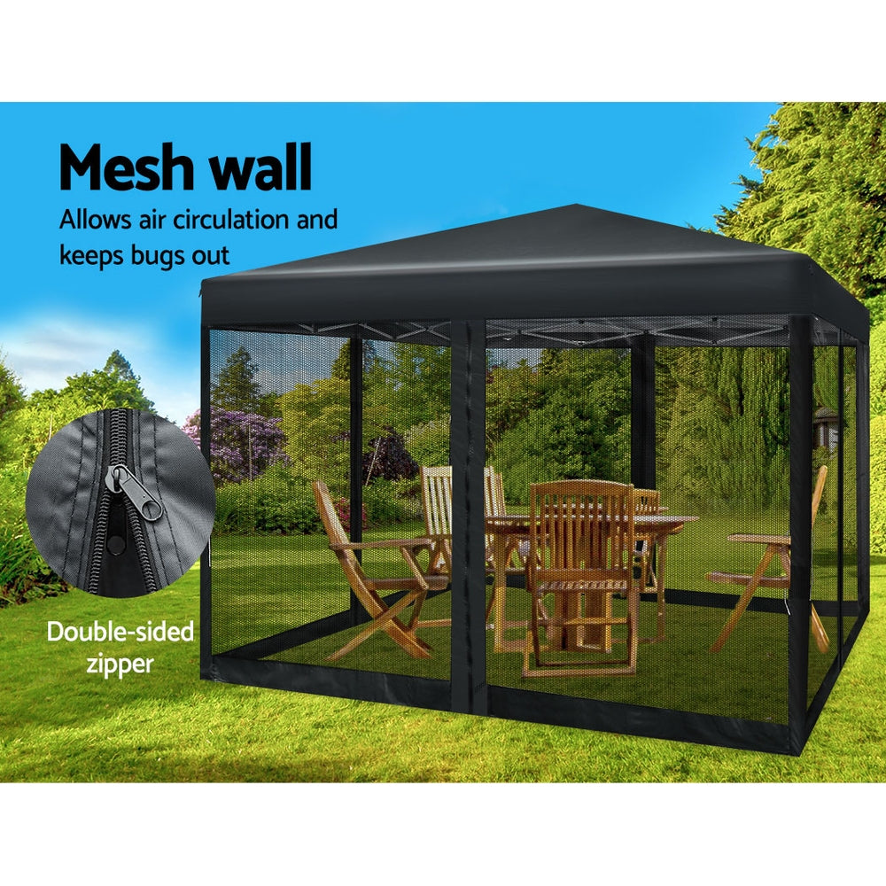 Instahut Gazebo Pop Up Marquee 3x3 Wedding Side Mesh Wall Outdoor Gazebos Black