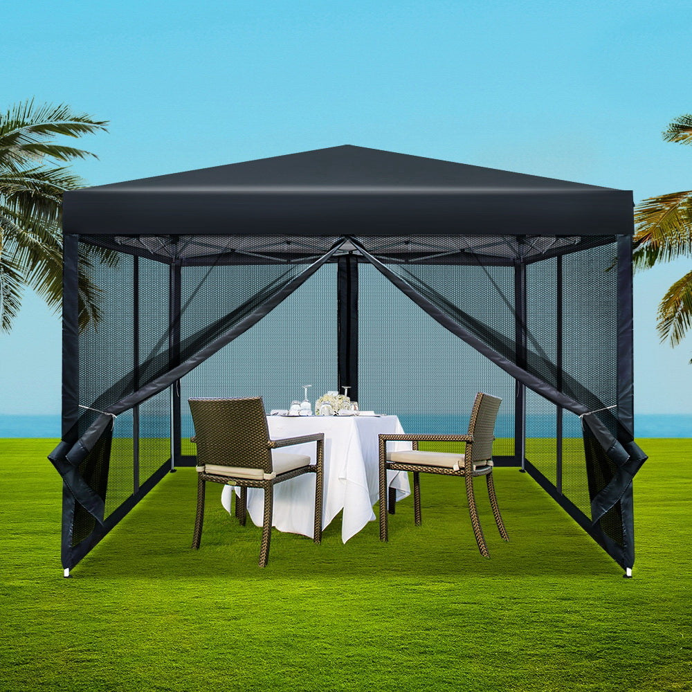 Instahut Gazebo Pop Up Marquee 3x3 Wedding Side Mesh Wall Outdoor Gazebos Black