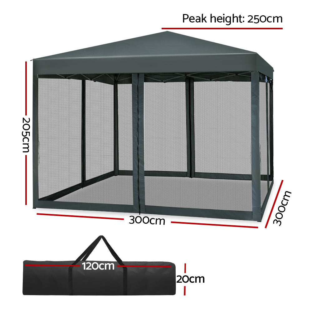 Instahut Gazebo Pop Up Marquee 3x3 Wedding Side Mesh Wall Outdoor Gazebos Grey