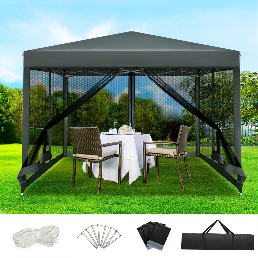 Instahut Gazebo Pop Up Marquee 3x3 Wedding Side Mesh Wall Outdoor Gazebos Grey