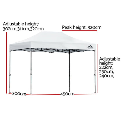 Instahut Gazebo Pop Up 3x4.5m w/Base Podx4 Marquee Folding Outdoor Wedding Camping Tent Shade Canopy White