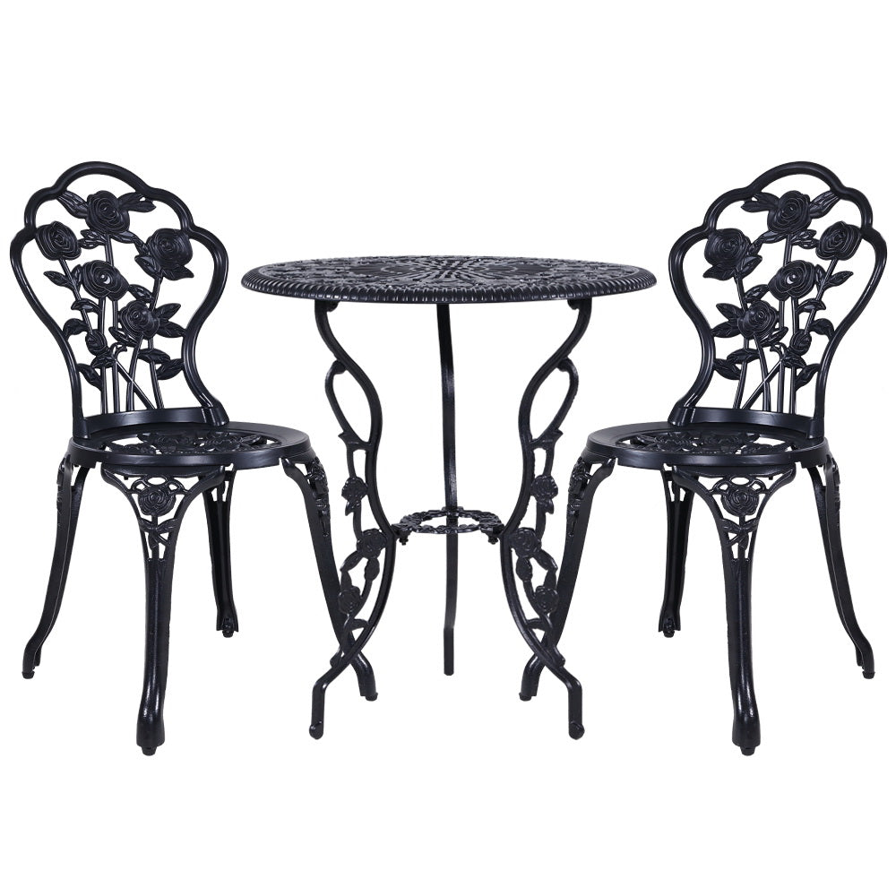 Gardeon 3PC Outdoor Setting Cast Aluminium Bistro Table Chair Patio Black