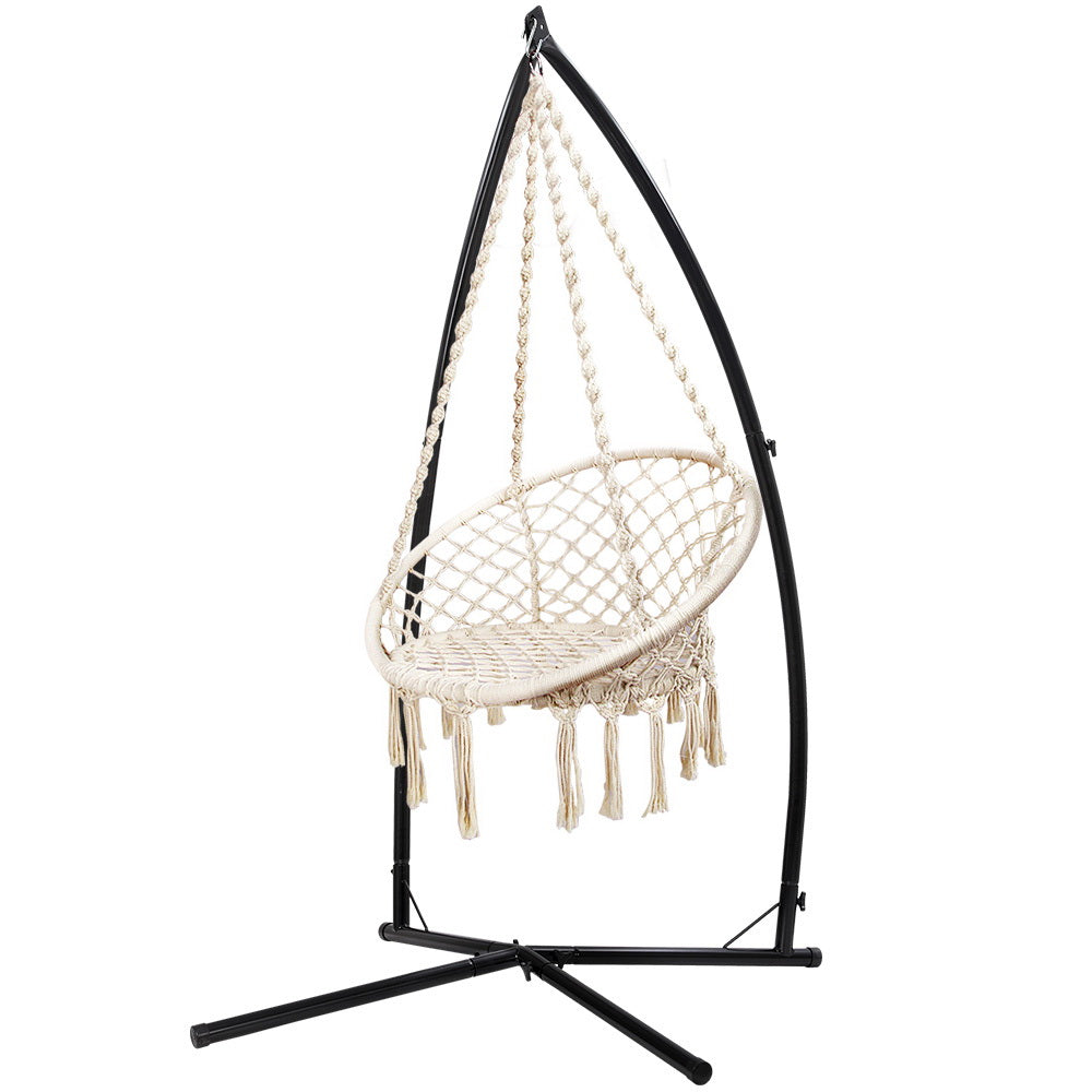 Gardeon Outdoor Hammock Chair with Steel Stand Cotton Swing Hanging 124CM Cream