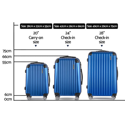 Wanderlite 3pcs Luggage Trolley Set Travel Suitcase Hard Case Carry On Bag Blue