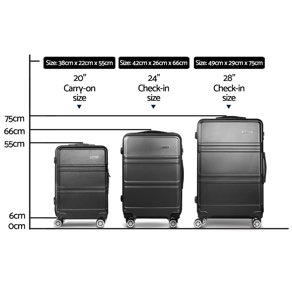 Wanderlite 3pc Luggage Trolley Set Suitcase Travel TSA Carry On Hard Case Lightweight Black