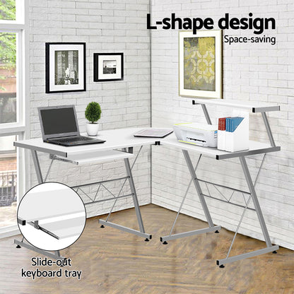 Artiss Computer Desk L-Shape Keyboard Tray Shelf White