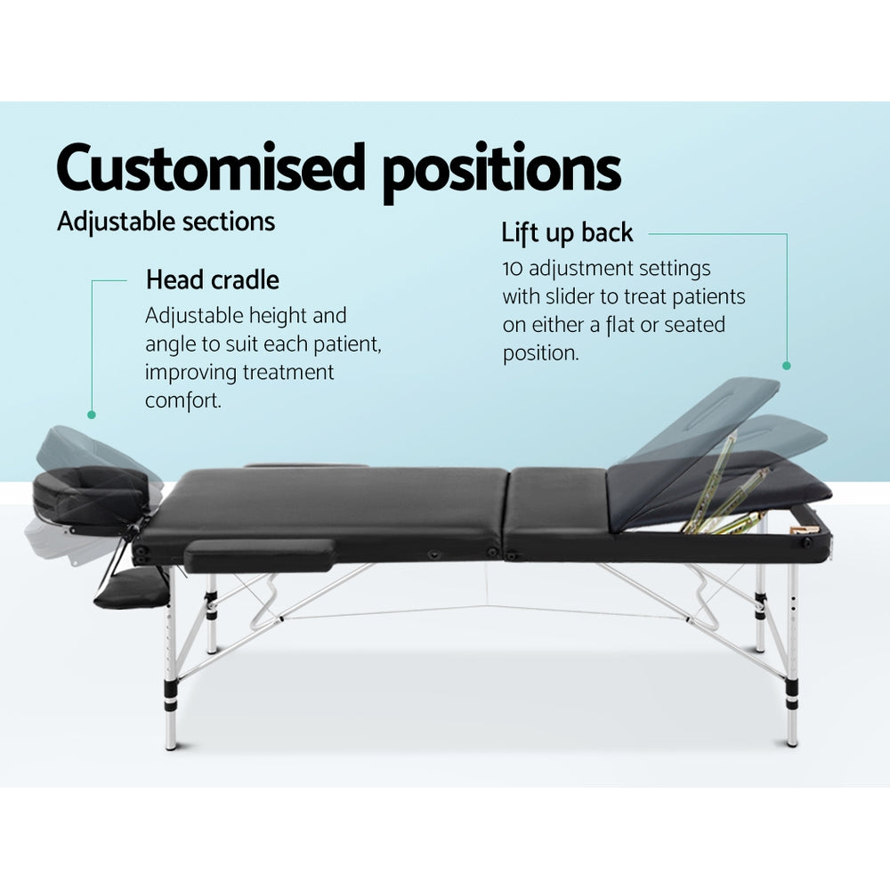 Zenses Massage Table 75cm Portable 3 Fold Aluminium Beauty Bed Black