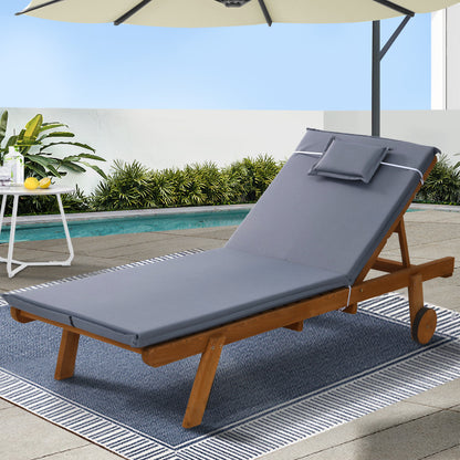 Gardeon Sun Lounge Wooden Lounger Outdoor Furniture Day Bed Wheel Patio Grey