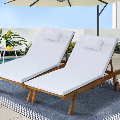 Gardeon 2pc Sun Lounge Wooden Lounger Outdoor Furniture Day Bed Wheel Patio White