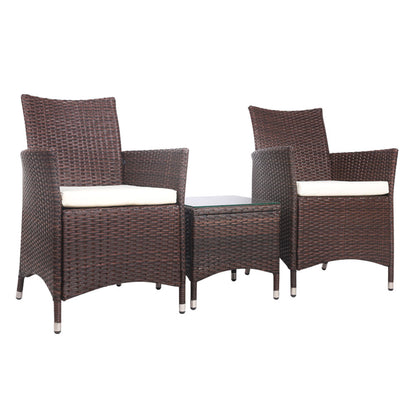 Gardeon 3PC Outdoor Bistro Set Patio Furniture Wicker Setting Chairs Table Cushion Brown