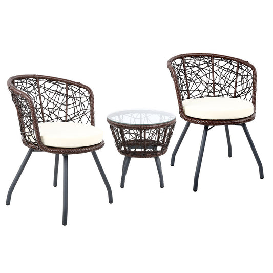 Gardeon 3PC Bistro Set Outdoor Furniture Rattan Table Chairs Patio Garden Cushion Brown