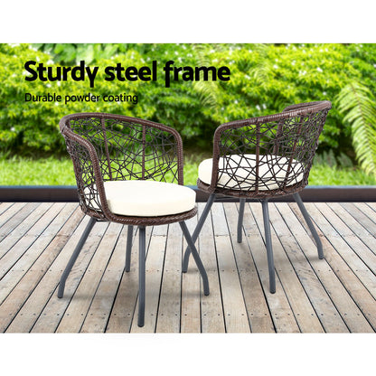 Gardeon 3PC Bistro Set Outdoor Furniture Rattan Table Chairs Patio Garden Cushion Brown