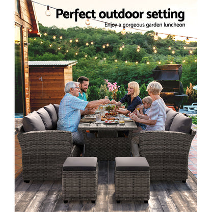 Gardeon 8 Seater Outdoor Dining Set Furniture Lounge Sofa Set Wicker Ottoman