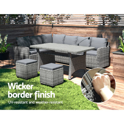 Gardeon 8 Seater Outdoor Dining Set Furniture Lounge Sofa Set Wicker Ottoman