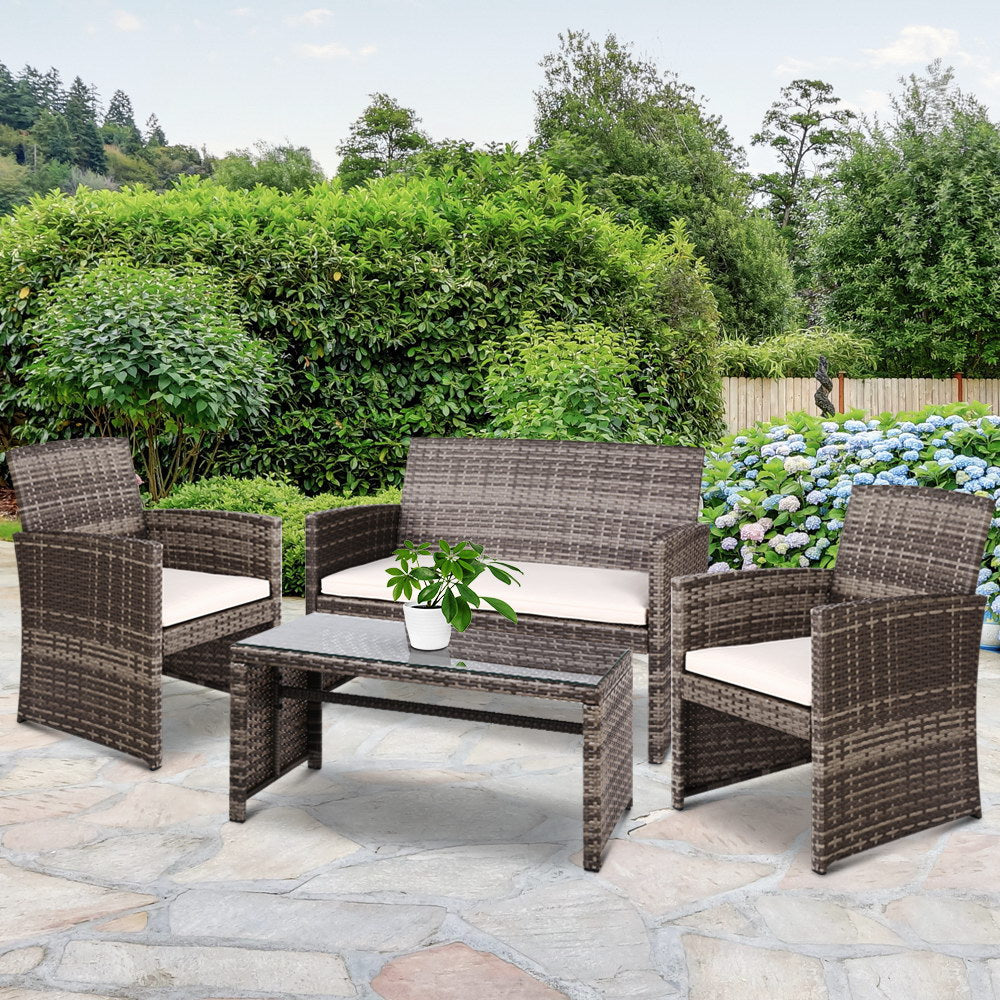 Gardeon Set of 4 Outdoor Lounge Setting Rattan Patio Wicker Dining Set Mixed Grey