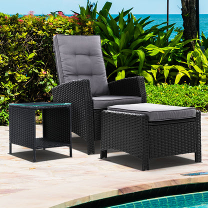 Gardeon Outdoor Setting Recliner Chair Table Set Wicker lounge Patio Furniture Black