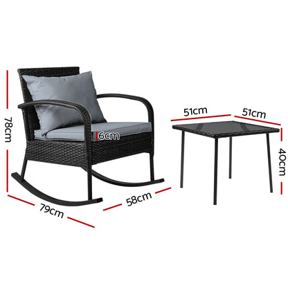 Gardeon 3 Piece Outdoor Chair Rocking Set - Black