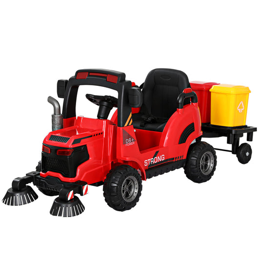 Rigo Kids Ride On Car Street Sweeper Truck w/Rotating Brushes Garbage Cans Red