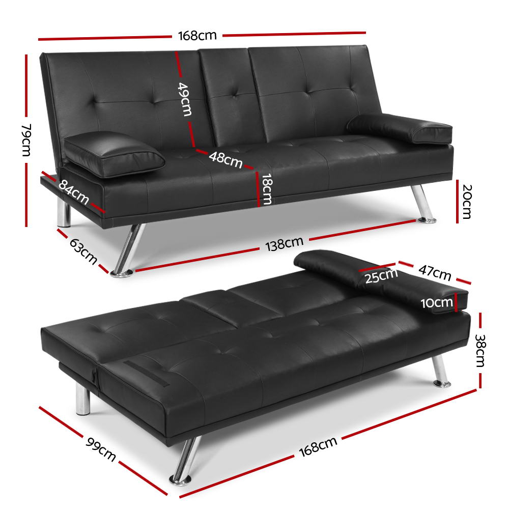 Artiss Sofa Bed Lounge Futon Couch 3 Seater Leather Cup Holder Recliner