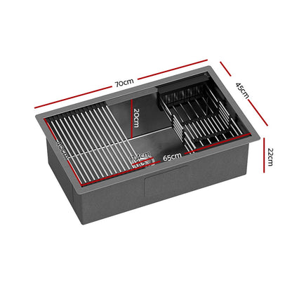 Cefito Kitchen Sink Stainless Steel 70X45CM Single Bowel with Drying Rack Black