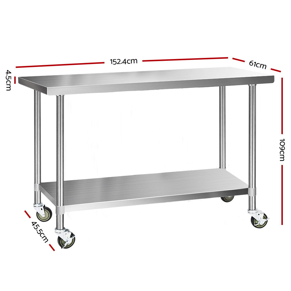 Cefito 430 Stainless Steel Kitchen Benches Work Bench Food Prep Table with Wheels 1524MM x 610MM