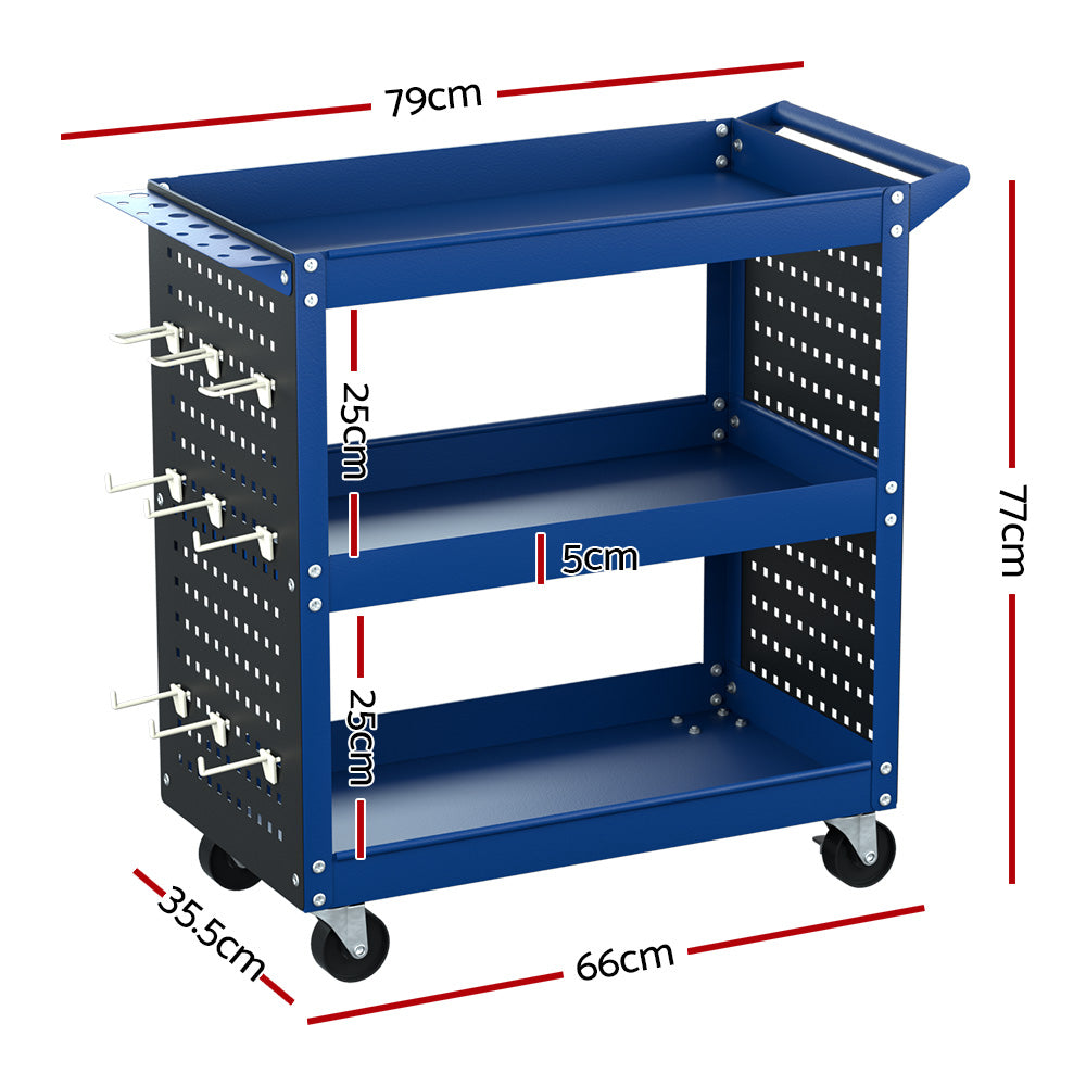 Giantz 3-Tier Tool Trolley Cart Workshop Wheels Mobile Work Mechanic Storage Blue