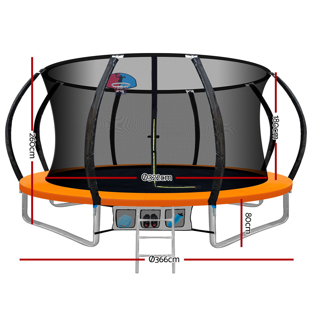 Everfit 12FT Trampoline Round Trampolines With Basketball Hoop Kids Present Gift Enclosure Safety Net Pad Outdoor Orange