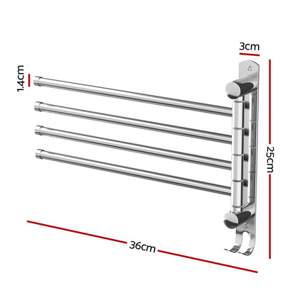 Towel Rail Rack Holder 4 Bars Wall Mounted Stainless Steel Swivel Hook