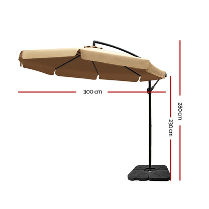 Instahut 3M Umbrella with 50x50cm Base Outdoor Umbrellas Cantilever Patio Sun Beach UV Beige