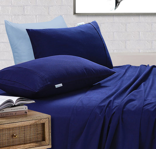 Elan Linen 100% Egyptian Cotton Vintage Washed 500TC Navy Blue King Single Bed Sheets Set