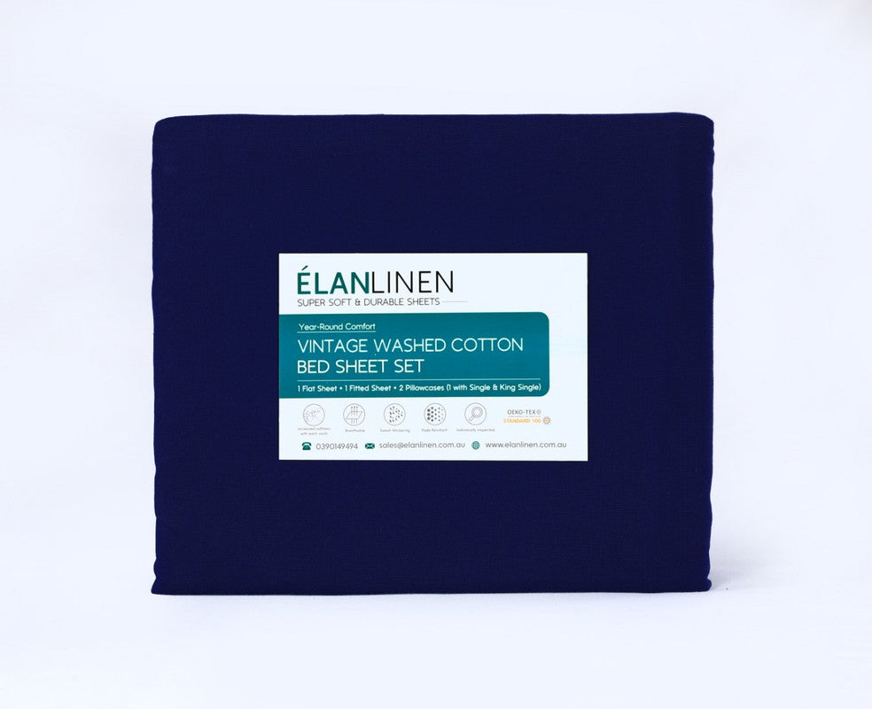 Elan Linen 100% Egyptian Cotton Vintage Washed 500TC Navy Blue King Single Bed Sheets Set