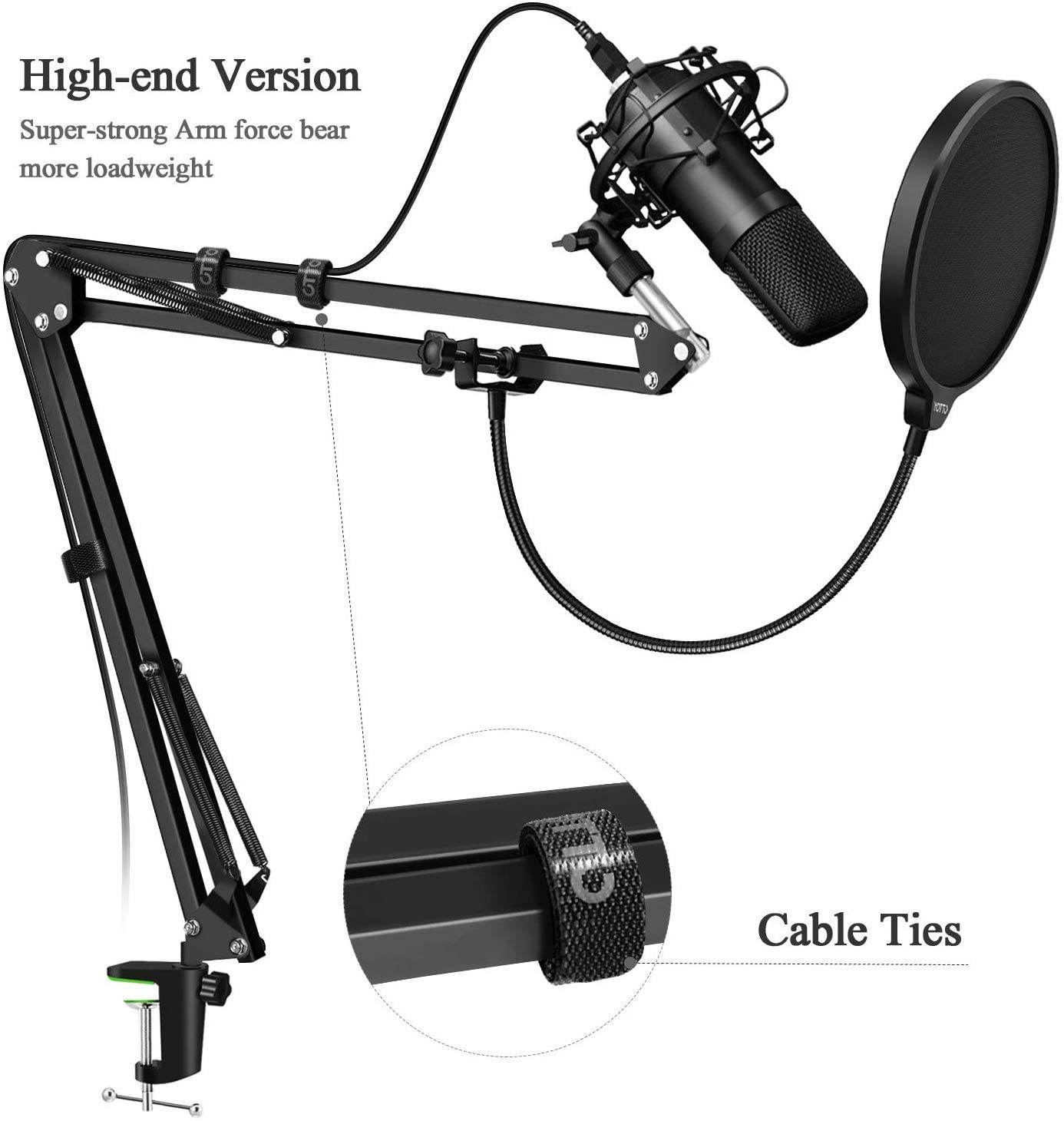 Microphone Radio Broadcasting Stand with 3/8"to 5/8" Screw Adapter and Windscreen Pop Filter