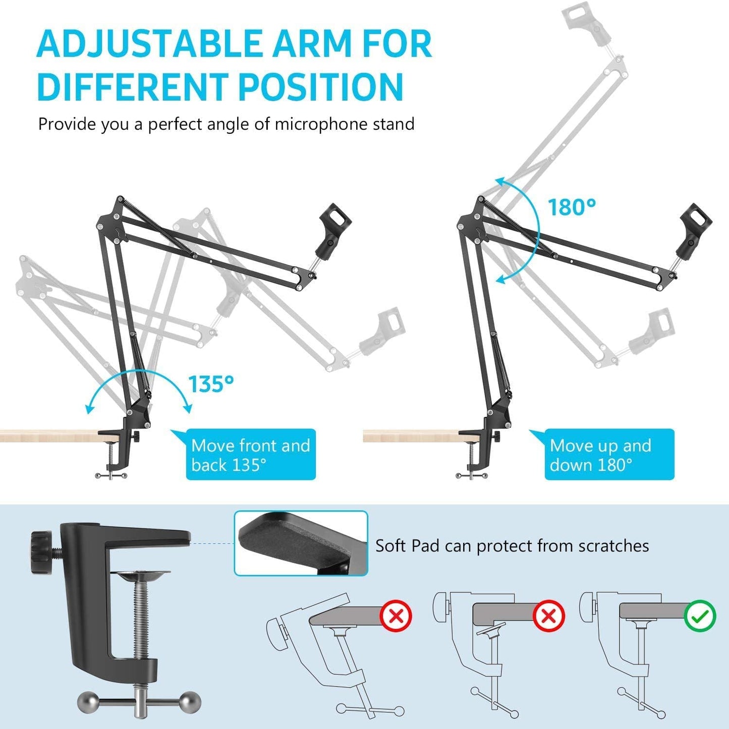 Microphone Radio Broadcasting Stand with 3/8"to 5/8" Screw Adapter and Windscreen Pop Filter