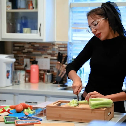 Large Bamboo Cutting Board and 4 Containers with Mobile Holder gift included for Home Kitchen