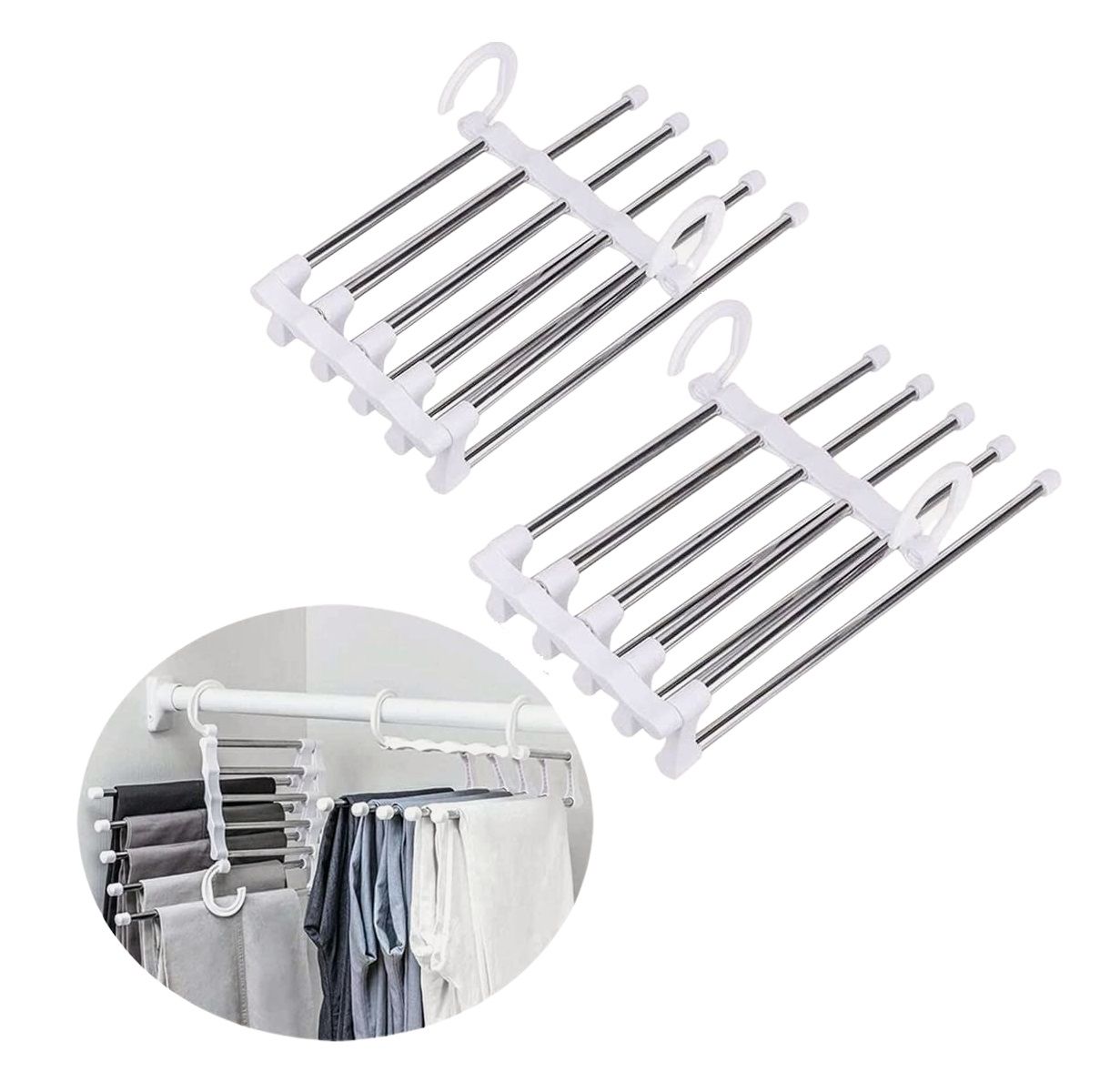 2 Pack Stainless Steel Adjustable 5 in 1 Pants Hangers Non-Slip Space Saving for Home Storage