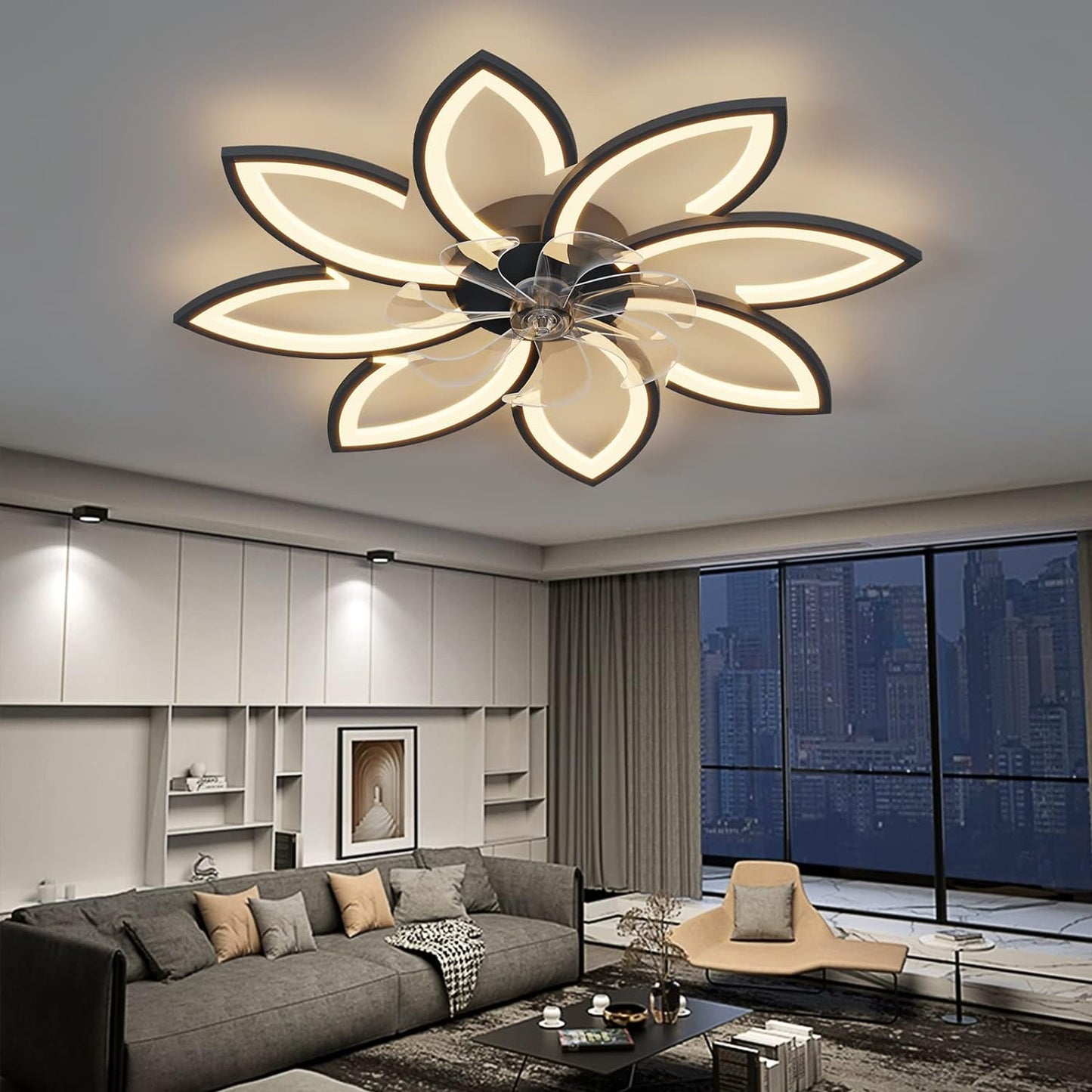 Modern Ceiling Light Fan, Low Profile, 6 Wind Speed, 3 Color (90cm, Black)