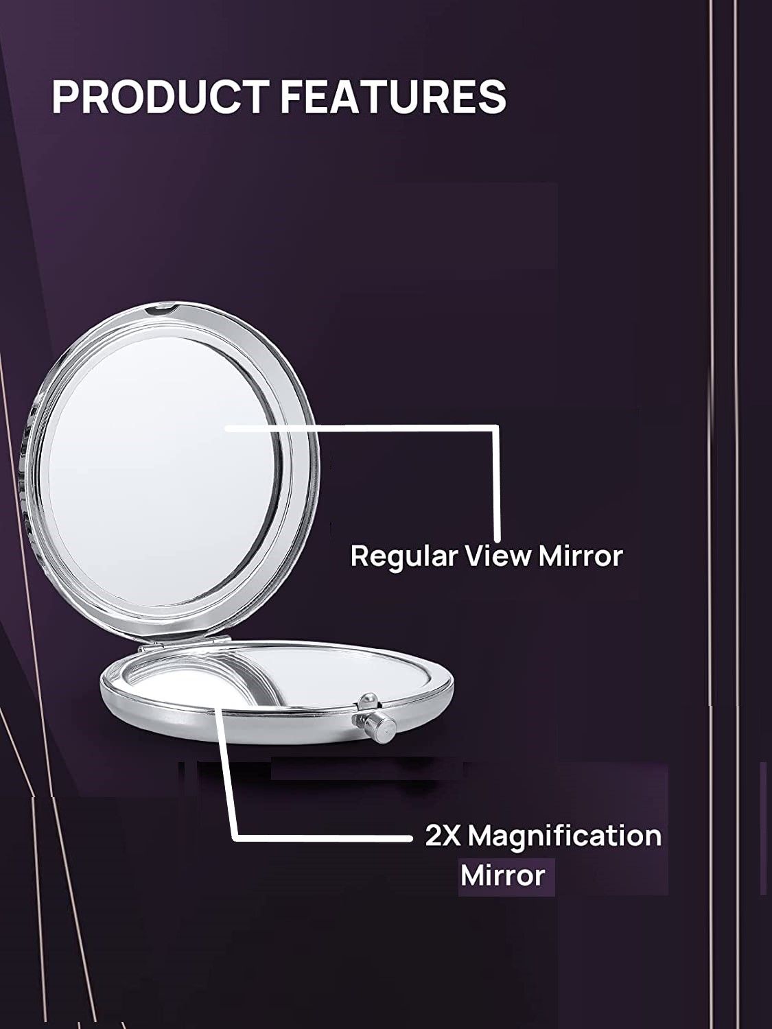 Mini Mix Diamond 1X/2X Magnifying Round Metal Pocket Makeup Mirror (Silver)