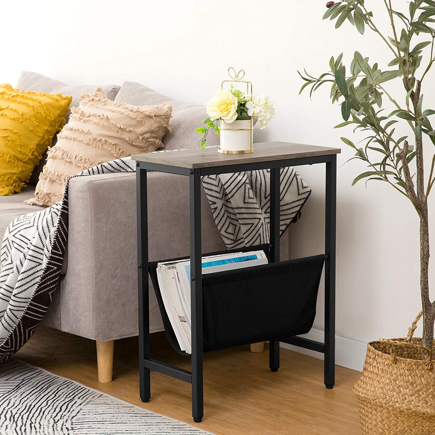 Industrial Side Table with Magazine Holder Sling and Metal Structure (Grey)