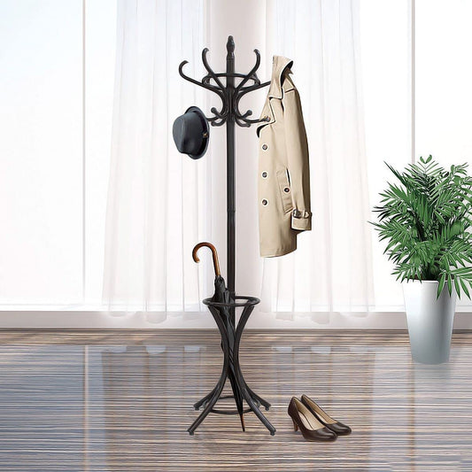 Brown Coat Rack with Stand Wooden Hat and 12 Hooks Hanger Walnut tree