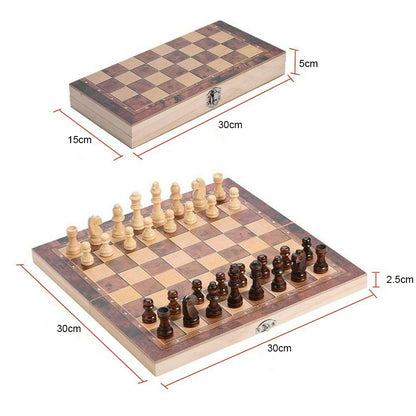 3 IN 1 Wooden Chess Set Folding Chessboard Wood Pieces Draughts Backgammon Toy