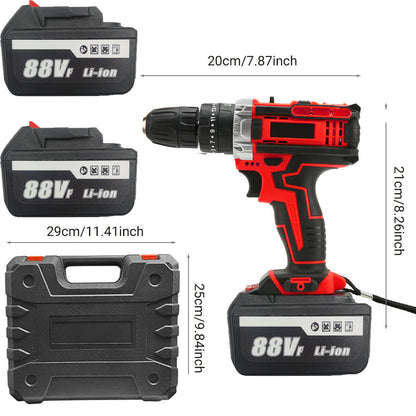 Cordless Drill w/2 Battery Heavy Duty Impact Driver Kit Brushless Hammer Set 88V