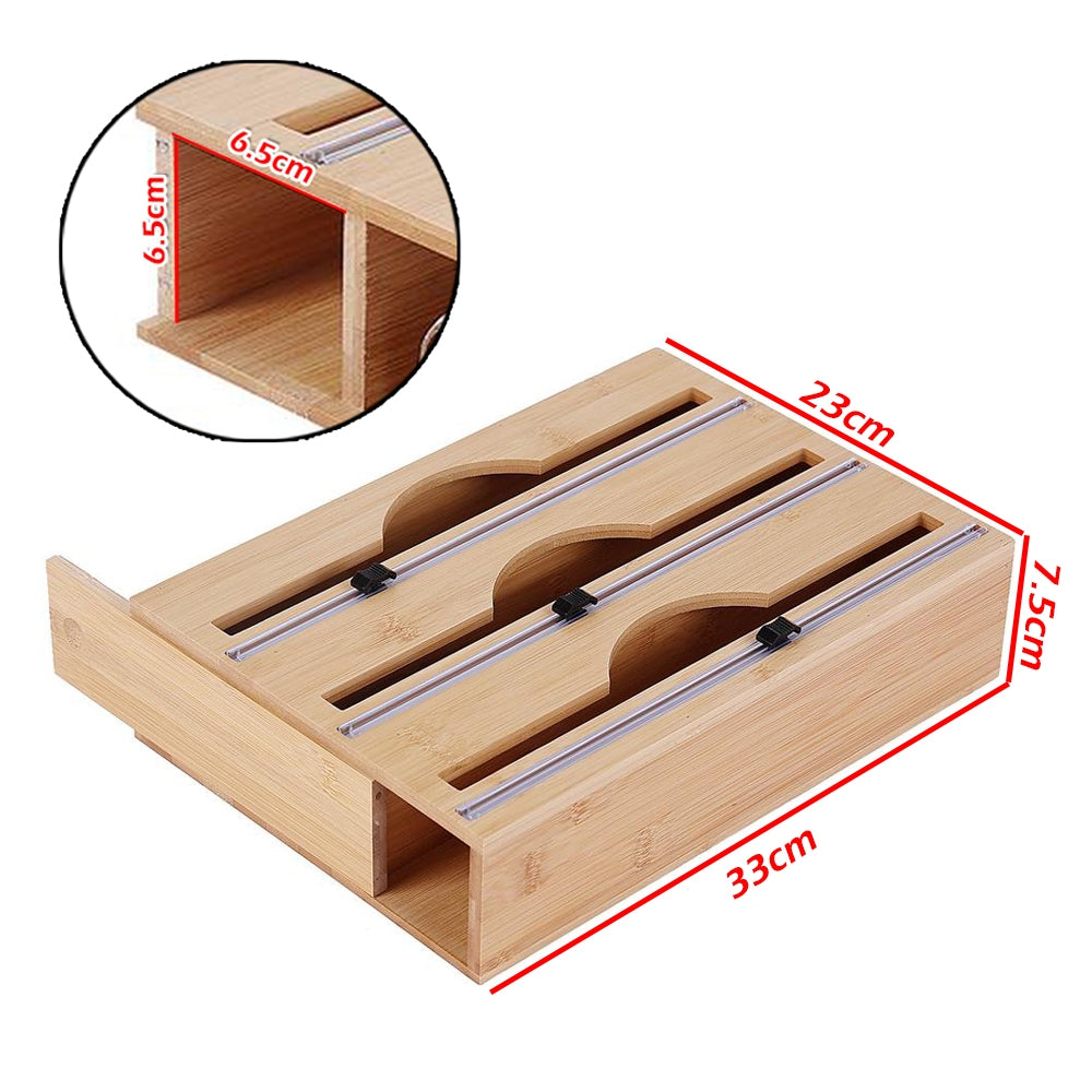 3 Grids Bamboo Food Wrap Dispenser Cutter Foil Cling Film Storage Holder Box Kitchen