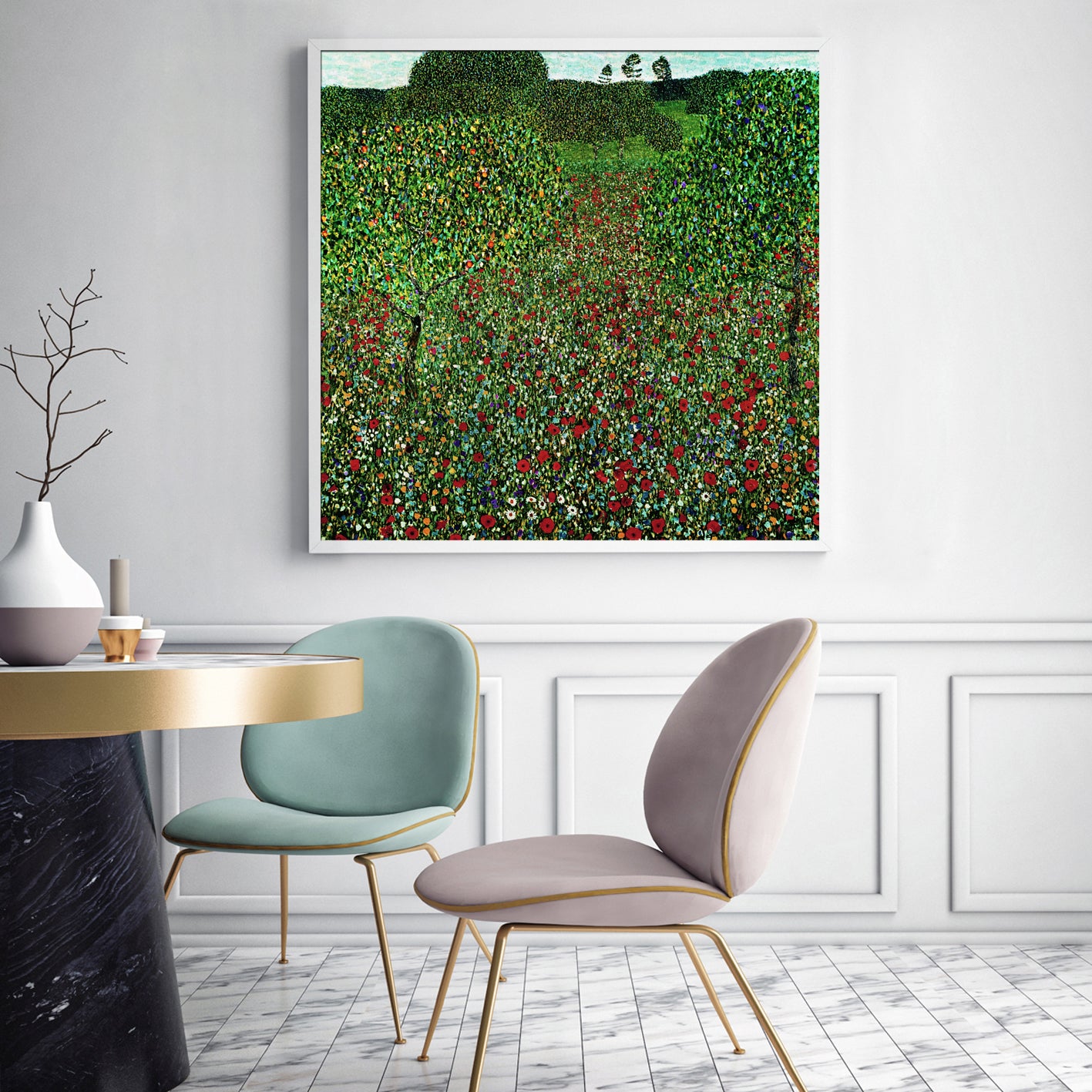 50cmx50cm Field of Poppies by Gustav Klimt White Frame Canvas Wall Art