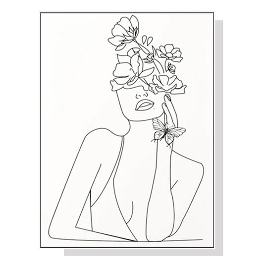 60cmx90cm Line Art Girl White Frame Canvas Wall Art