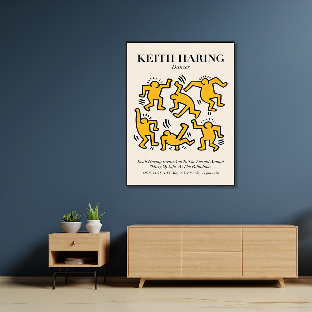 60cmx90cm Keith Haring Dancer Yellow Black Frame Canvas Wall Art