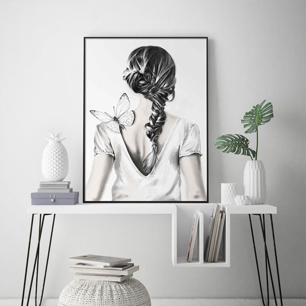 60cmx90cm Woman Back With Butterfly Black Frame Canvas Wall Art