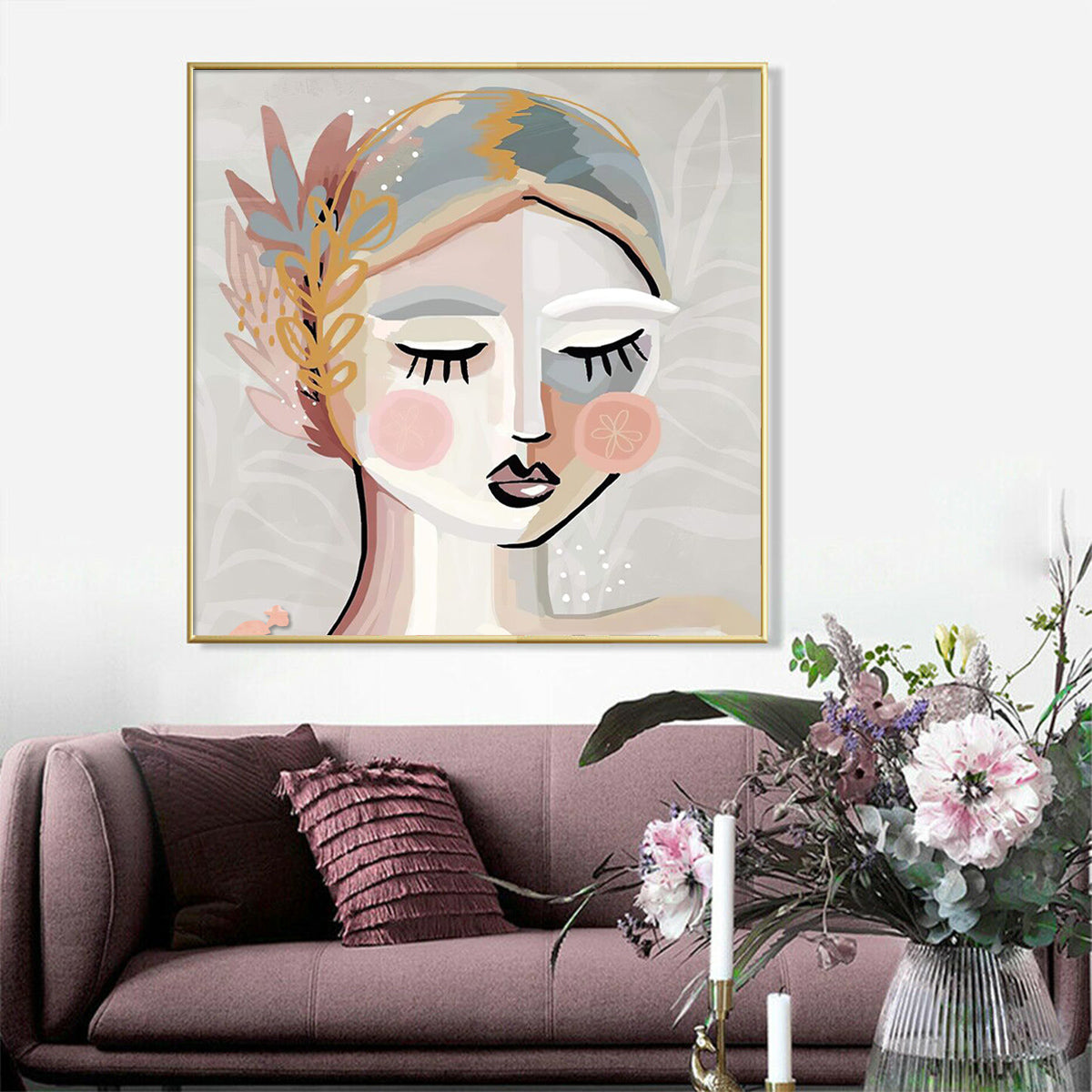 50cmx50cm Calm Girl Gold Frame Canvas Wall Art