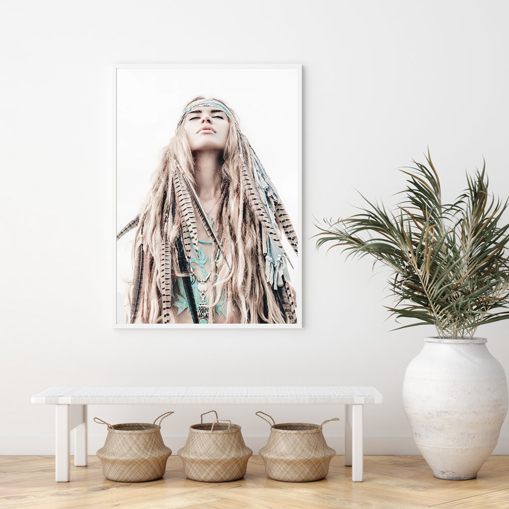 60cmx90cm BOHO Girl White Frame Canvas Wall Art