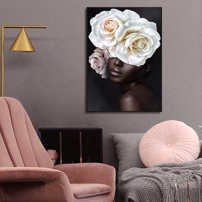 60cmx90cm Flower African Woman Black Frame Canvas Wall Art